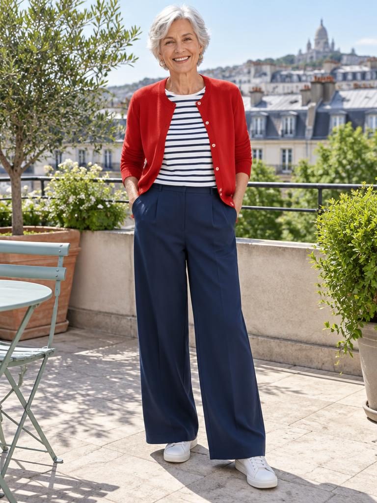 AI-generated outfit: Silver-haired model in a red cardigan, stripes, and wide-leg pants