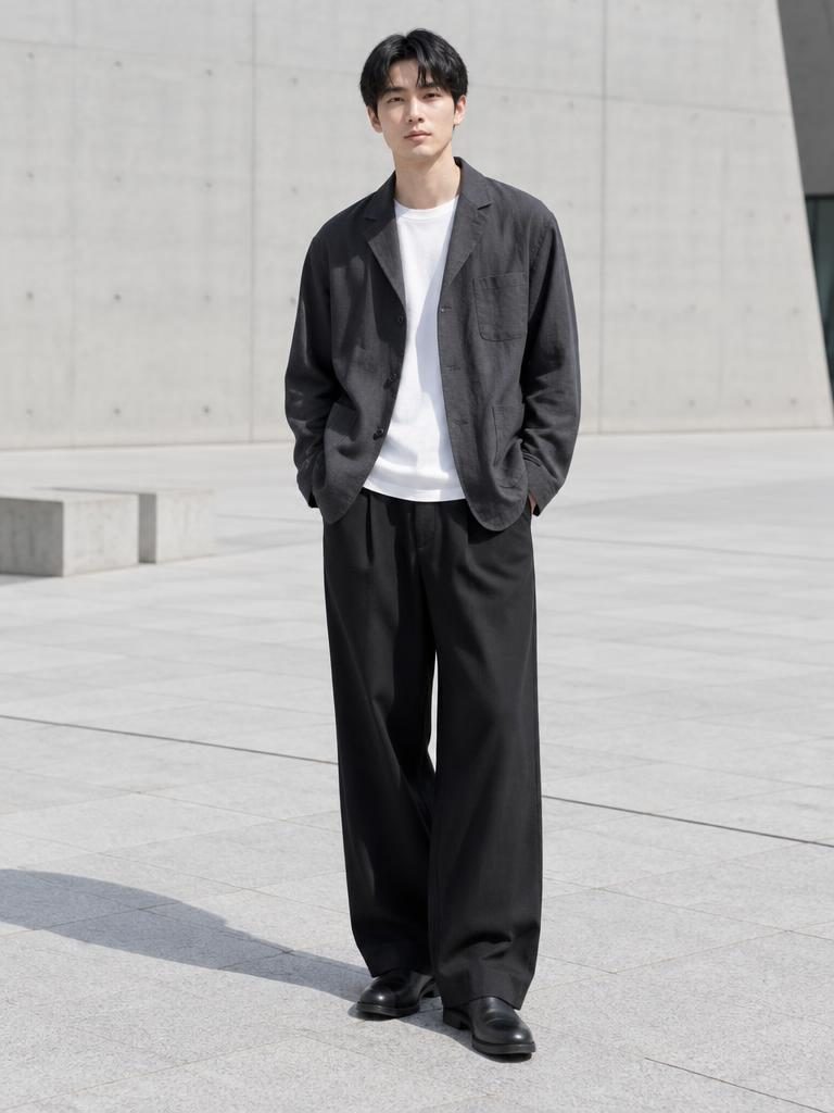 AI-generated outfit: Charcoal jacket, white tee, and black wide-leg trousers