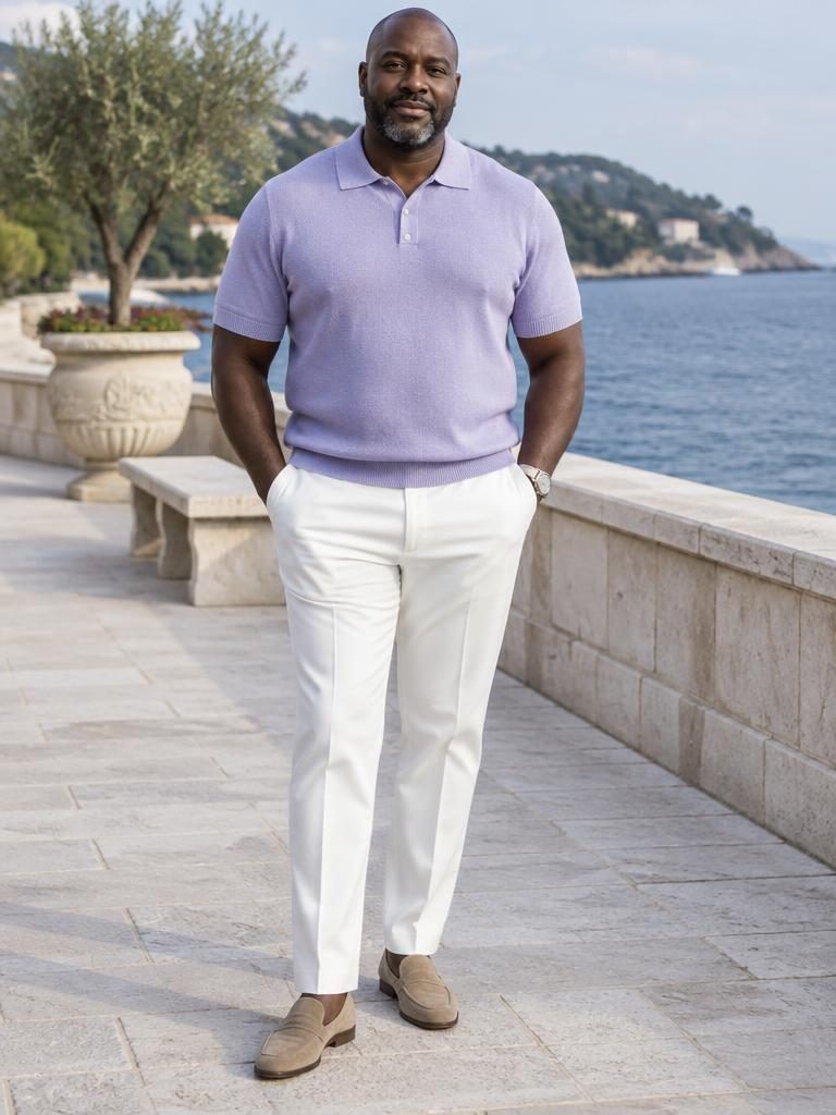 AI-generated outfit: Lavender knit polo with white tailored trousers