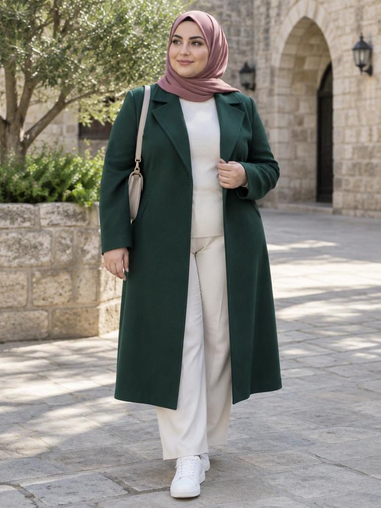 AI-generated outfit: Rose hijab, long green coat, and cream trousers