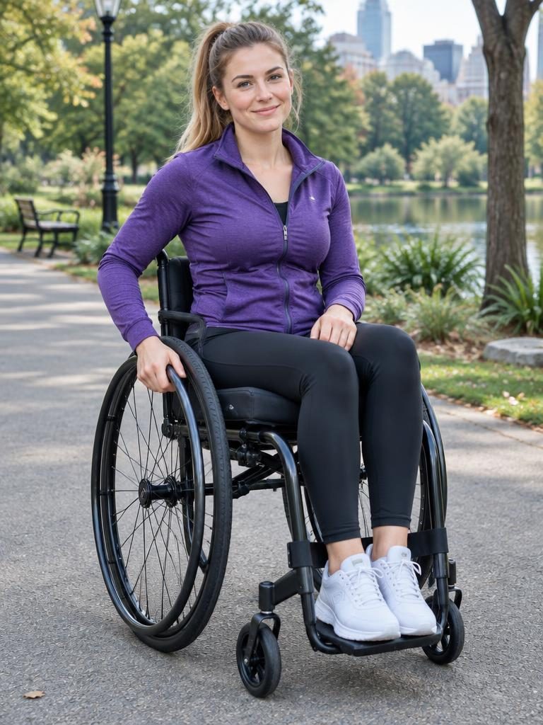 AI-generated outfit: Wheelchair user in a purple jacket, leggings, and white trainers