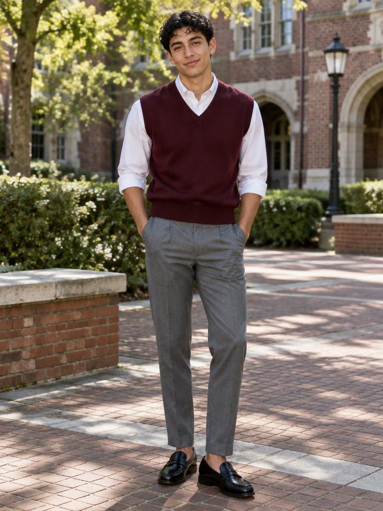 AI-generated outfit: Burgundy sweater vest over a white shirt with tailored pants
