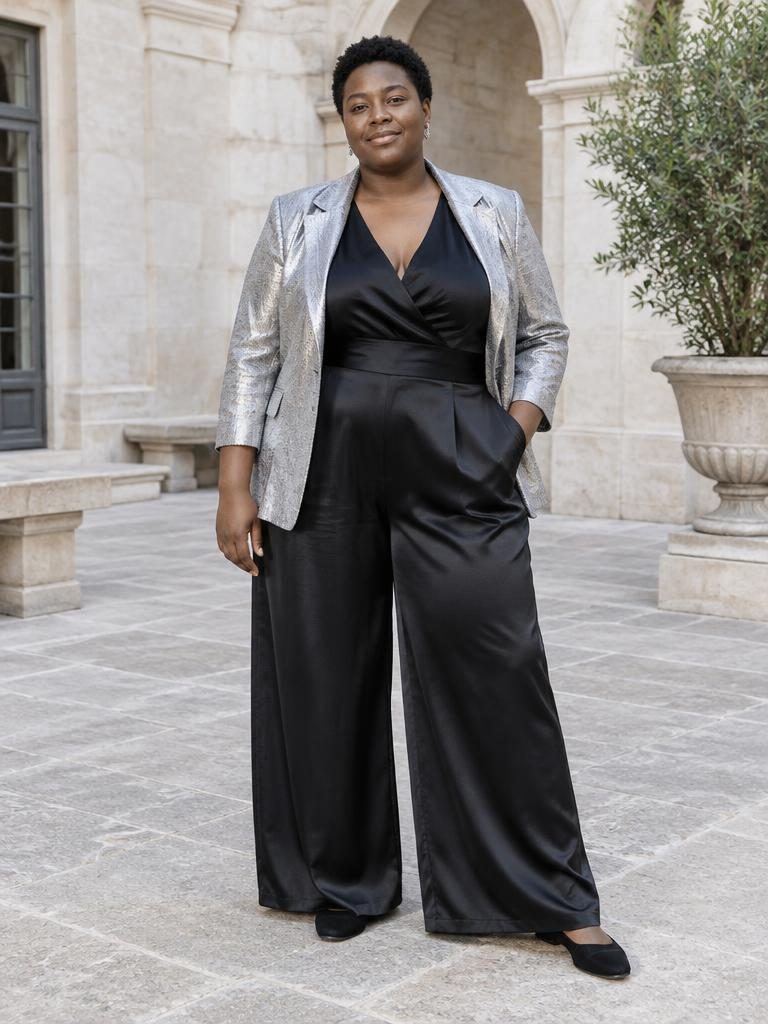 AI-generated outfit: Silver jacket over a black wide-leg jumpsuit